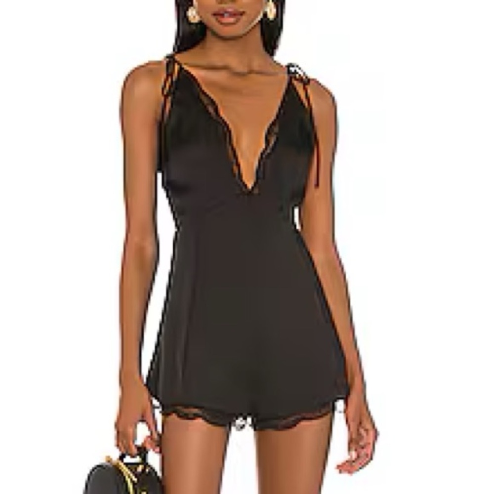 MAJORELLE Black Satin Romper with Lace Trim